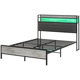 HOMCOM Full Bed Frame with Storage Upholstered Headboard, Full Size Bed Frame with LED Lights, Charging Station, Cement Gray