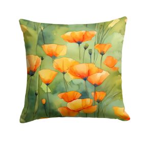 California California Poppies in Watercolor Throw Pillow Machine Washable, Indoor Outdoor Decorative Pillow for Couch, Bed or Patio, 14Hx14W