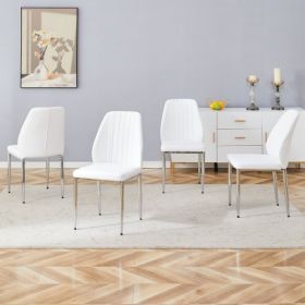 Set Of Four White PU Comfort Dining Chairs 17.7x25Dining Chair With Extended Backrest,WHITE PU,Silver Metal Legs,Suitable For Various Places Such (Color: White)